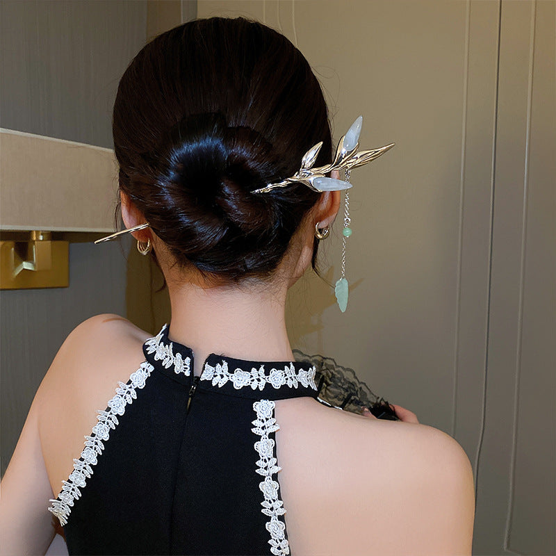 Alloy Leaf Hairpin with Tassel - Gold