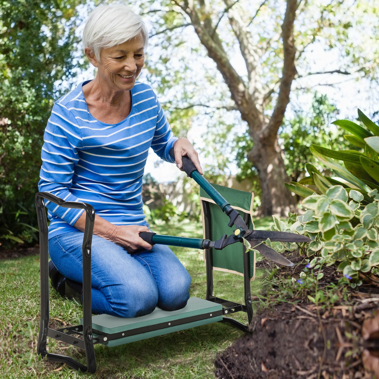 Garden Kneeler Seat Stool with Tool Pouch - Folding Gardening Bench, Green