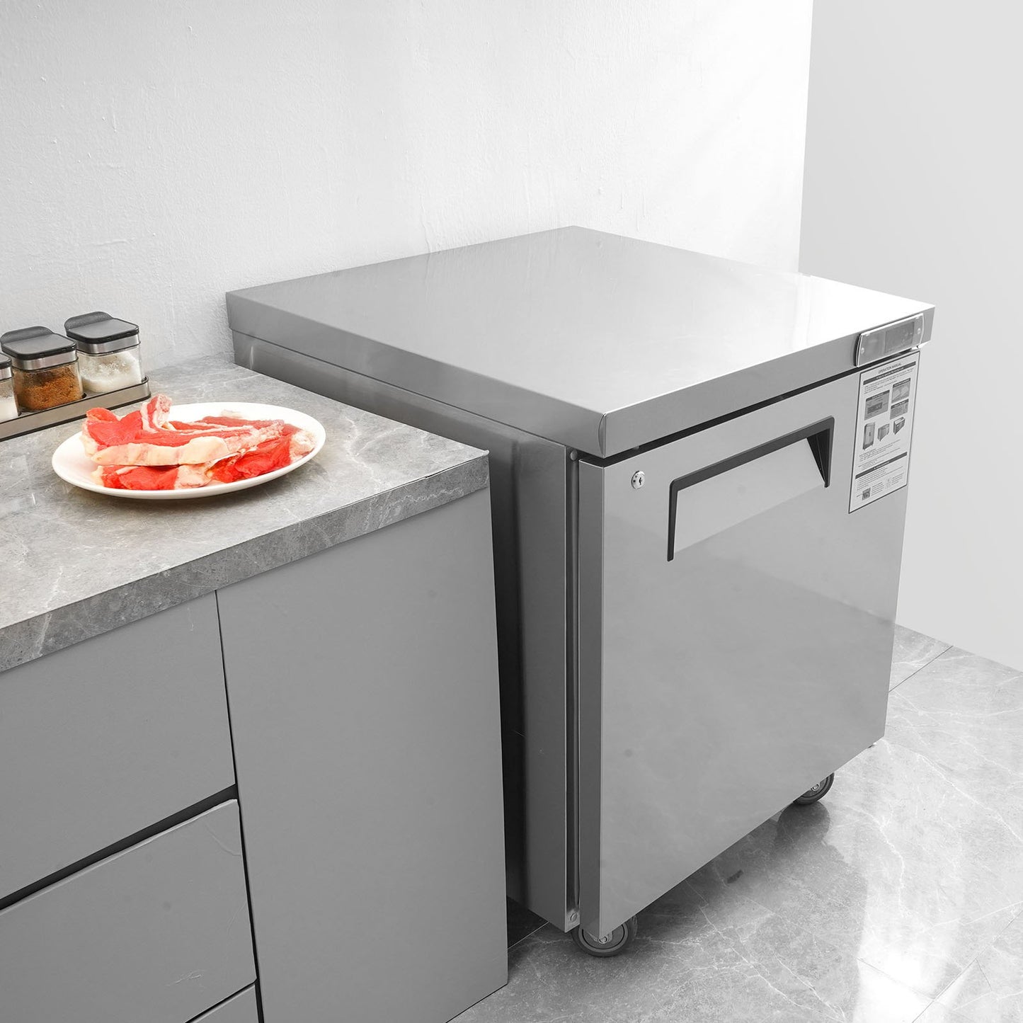 28-Inch Commercial Undercounter Refrigerator - 7.4 Cu Ft Stainless Steel Food Prep Station with Lock & Fan Cooling