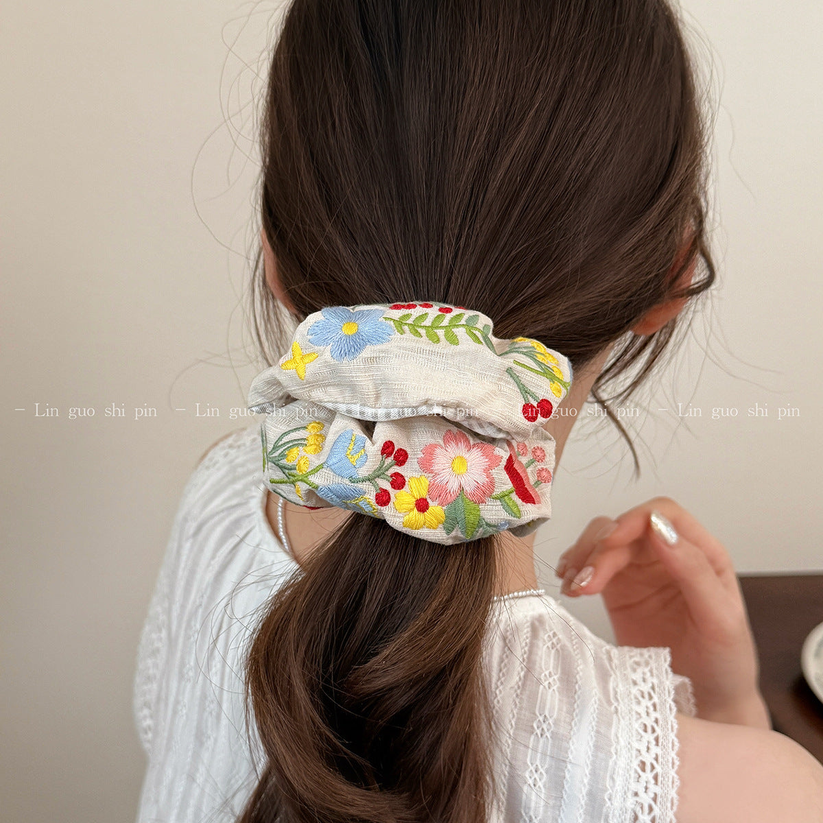 Embroidered Fabric Hair Tie Scrunchie for Buns & Ponytails