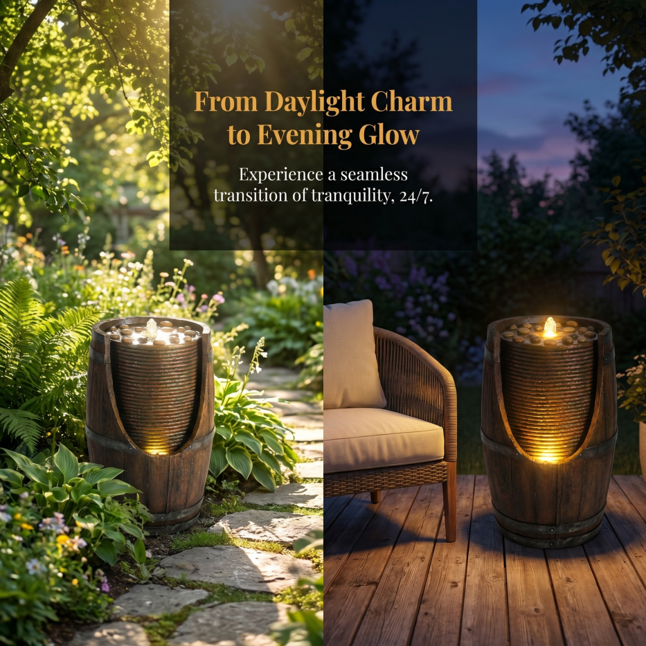 Outdoor Water Fountain with Lights Rustic Wood Look Resin Garden Decor for Patio Yard