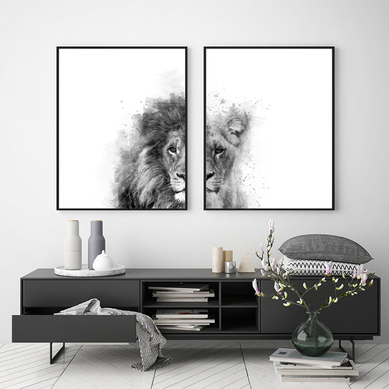 Black and White Animal Watercolor Wall Art Poster - Abstract Canvas Decor
