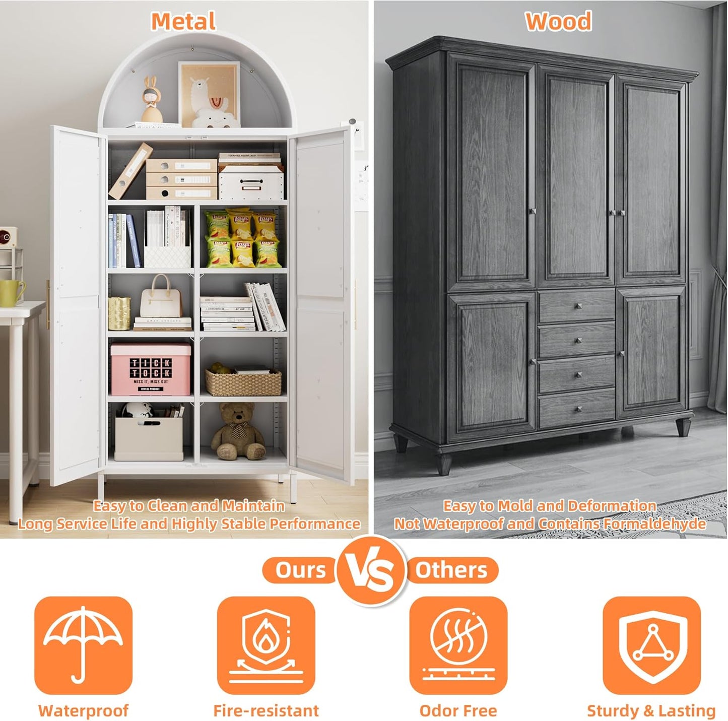 Tall Arched Kitchen Pantry Cabinet with Adjustable Shelves - White