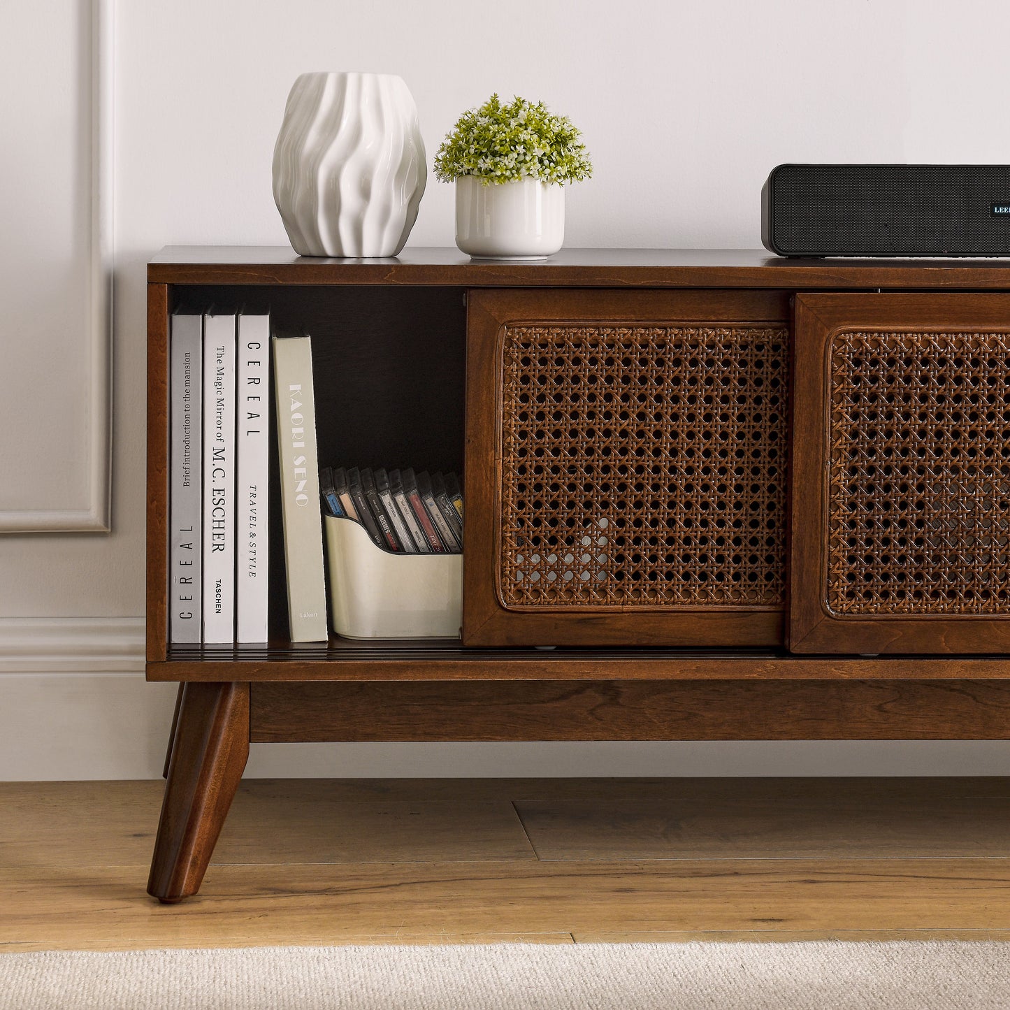59 Inch Mid Century Modern Rattan TV Stand for 65 Inch TV - Walnut