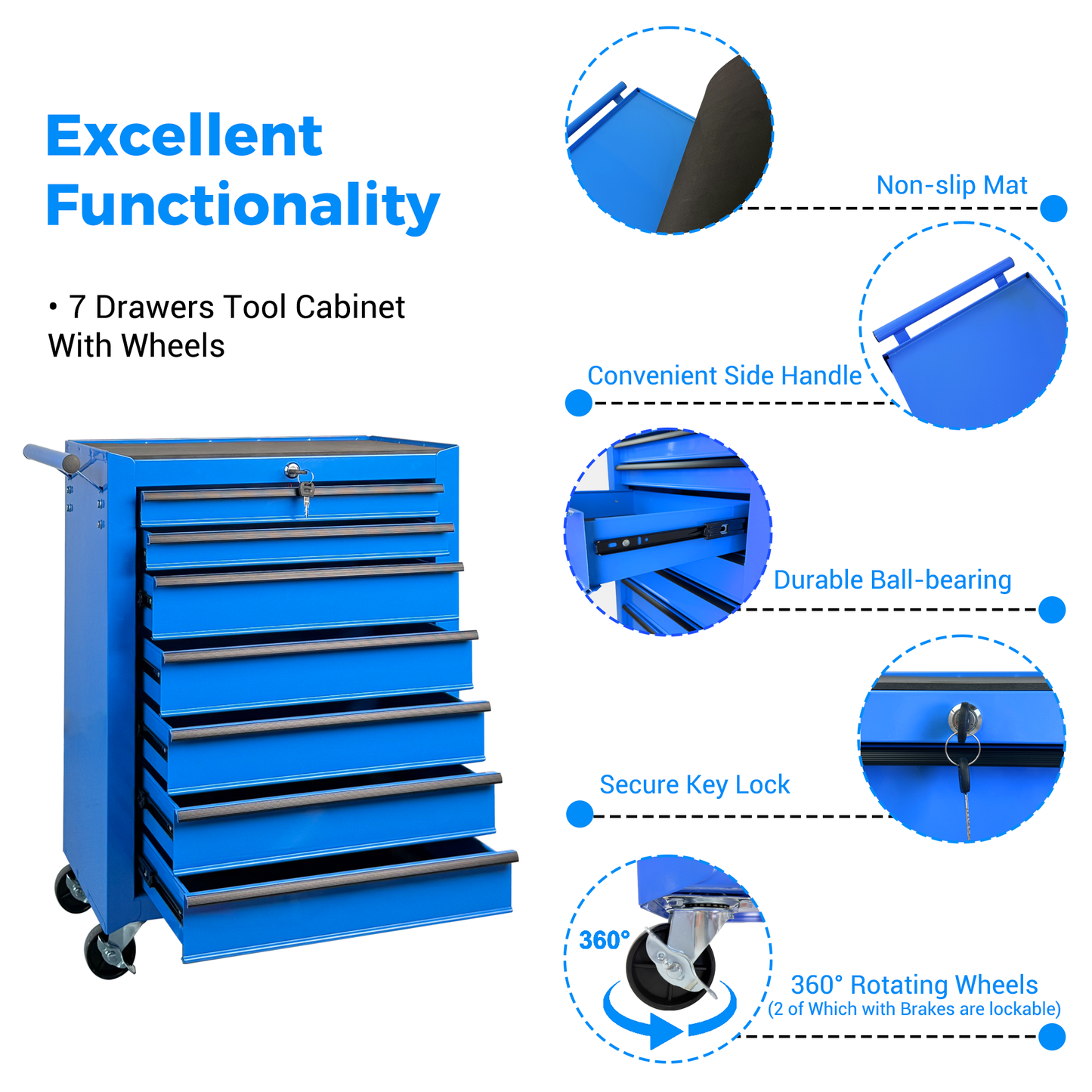7-Drawer Metal Rolling Tool Storage Cabinet with Lockable Wheels - Garage Organizer, Blue