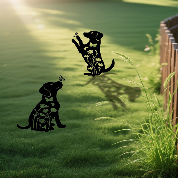 2pcs Metal Dog Garden Decor Sculptures - Puppy Silhouette Stakes for Outdoor Yard
