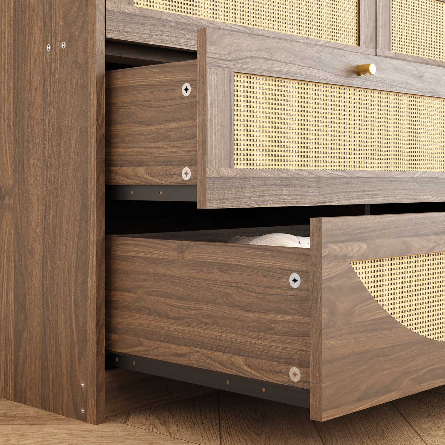 Walnut 8-Drawer Dresser with Rattan Front - Modern Storage Cabinet