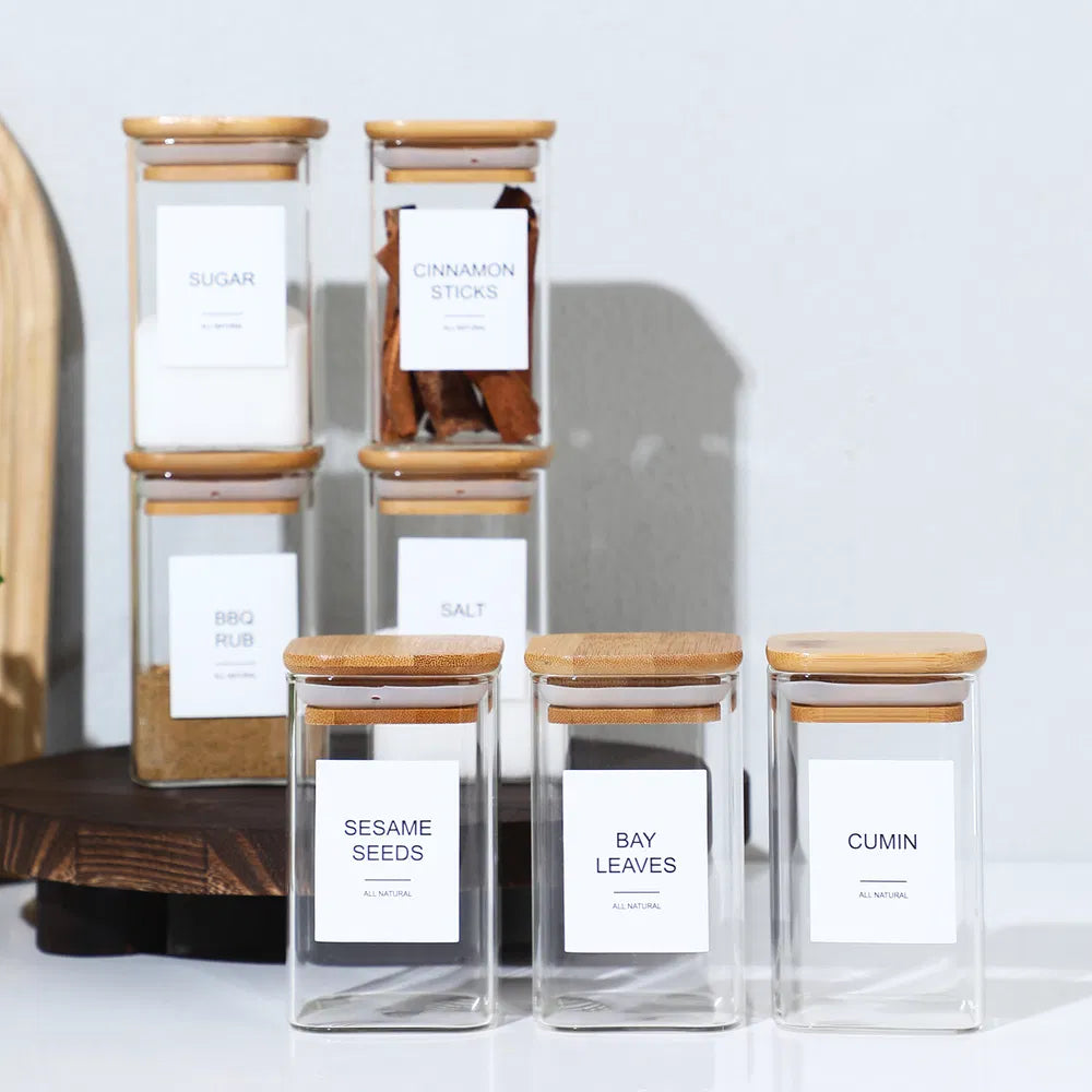 18 PCS Square Seasoning Jars - Bamboo & Glass Spice Containers