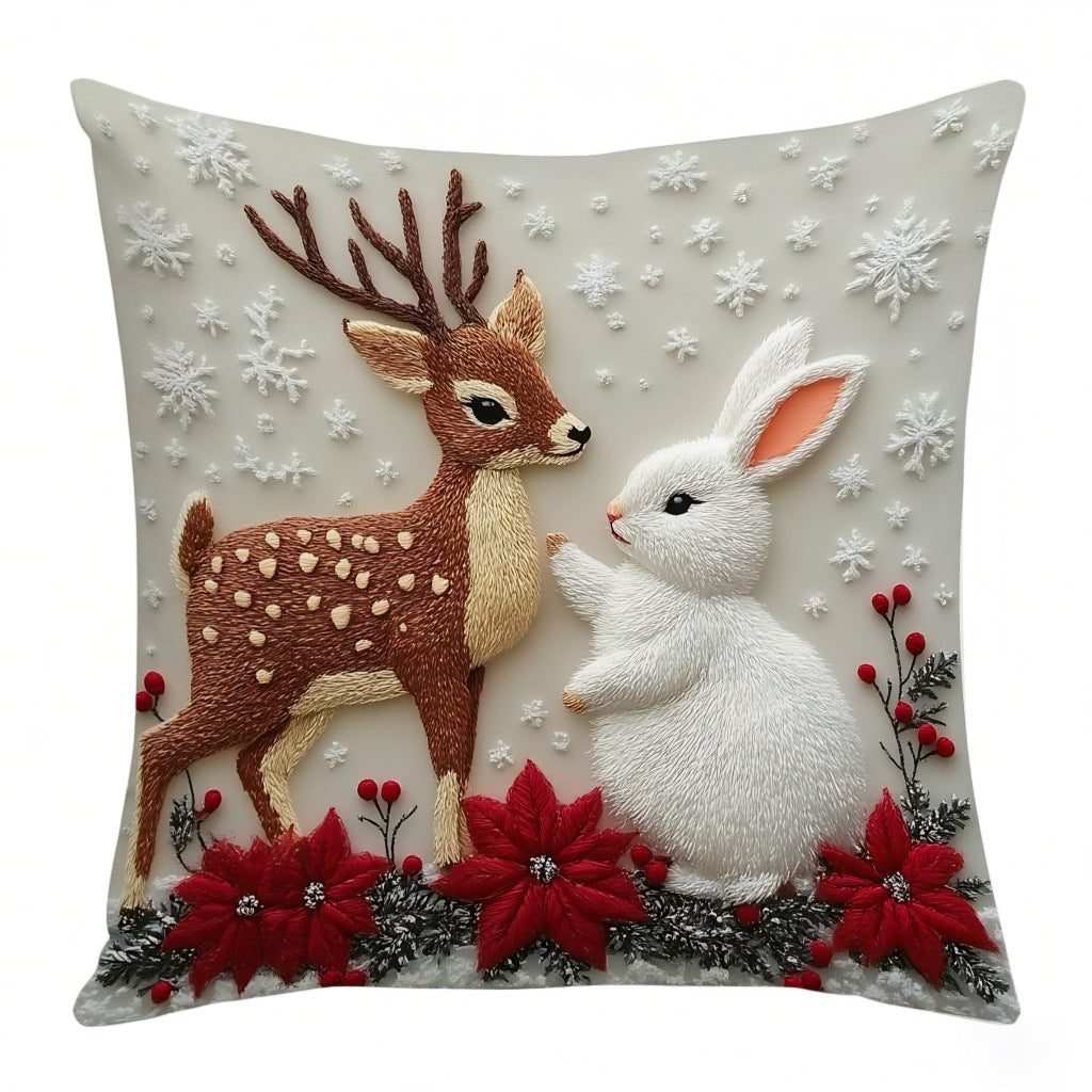 Festive Elk Rabbit Holiday Pillow Cover - Christmas Linen Cushion Decor
