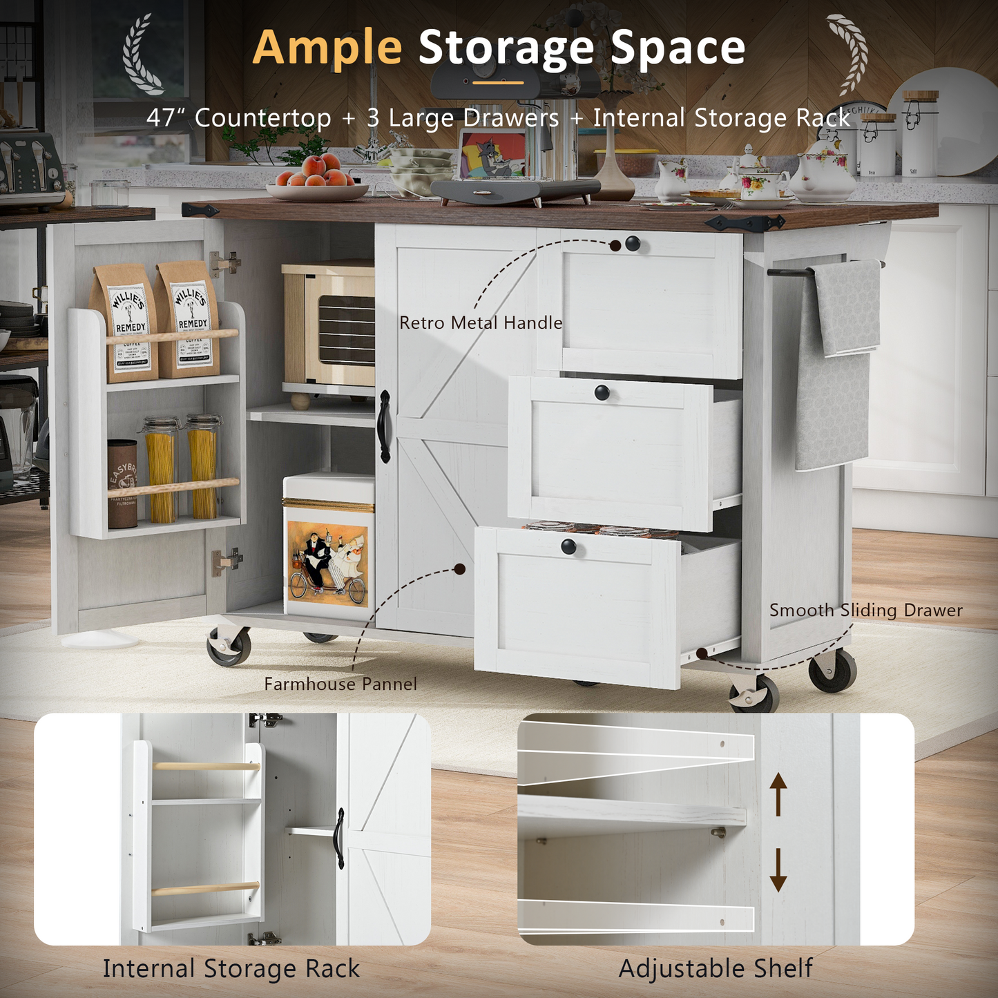 54.5 Farmhouse Kitchen Island With Power Outlet,Kitchen Storage