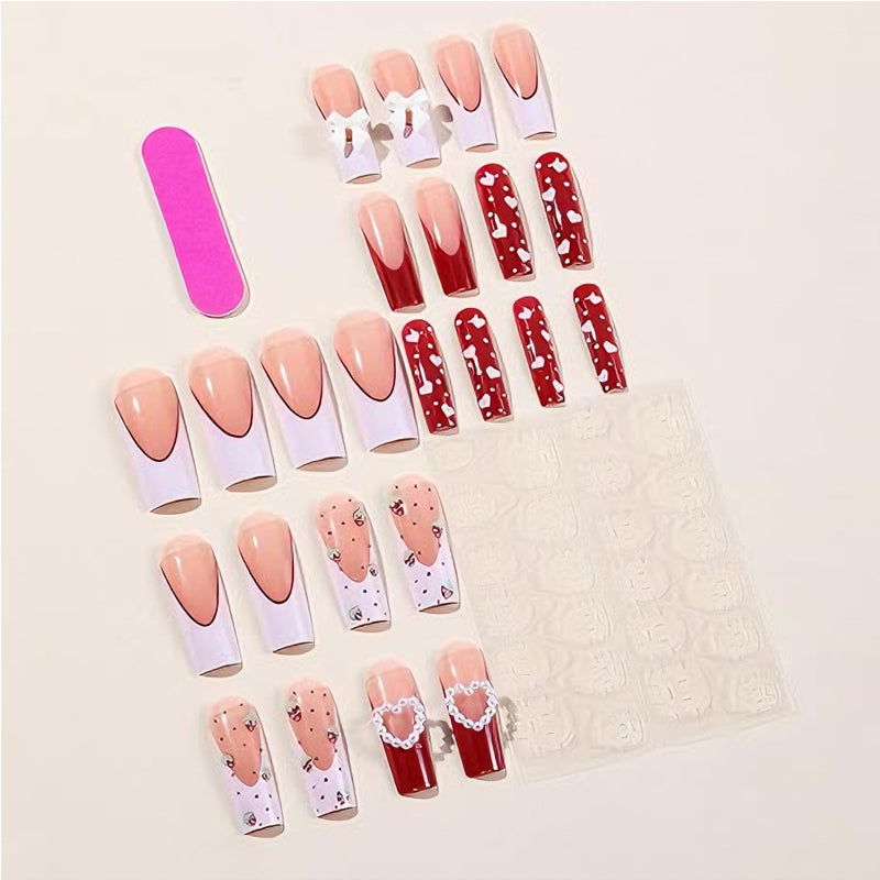 Strawberry Bow Press-On Nails - Long Square False Nail Tips, 24 Pieces
