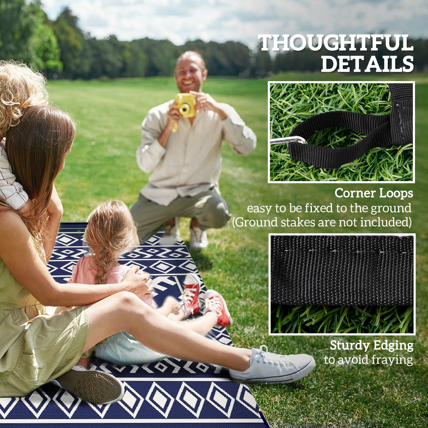 Reversible Outdoor Rug - Waterproof Plastic Straw, 8' x 10', Blue & White Rhombus