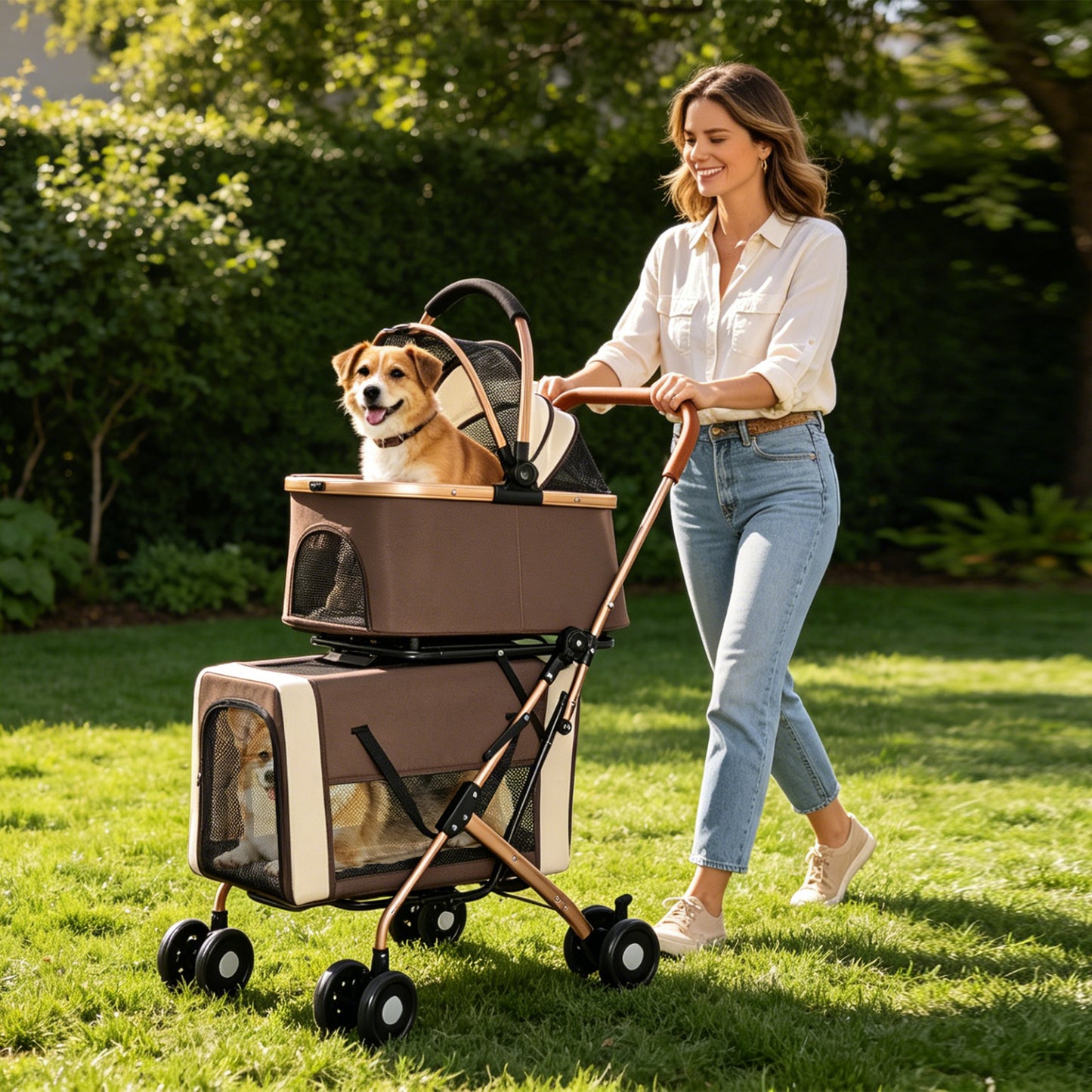 Double Pet Stroller for Dogs and Cats - Foldable, 3-in-1 Carrier with Shockproof Wheels