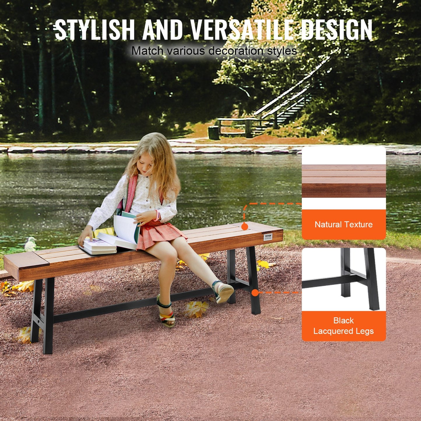 Wood Garden Bench 63 Inches with Metal Legs - Outdoor Patio Seating