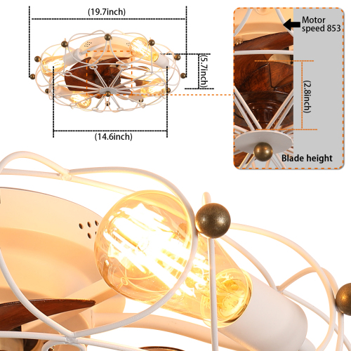 Low Profile Cage Ceiling Fan with Light and Remote, Modern Industrial Design - White