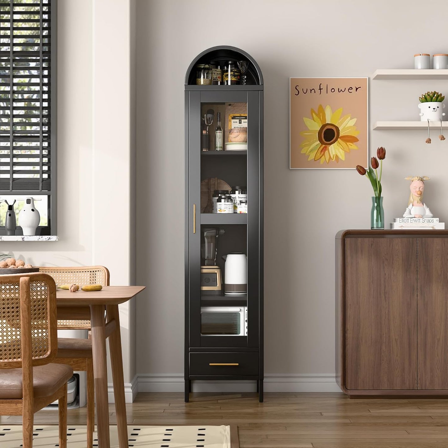 Metal Arched Bookcase Cabinet with Glass Doors & Drawer - Black