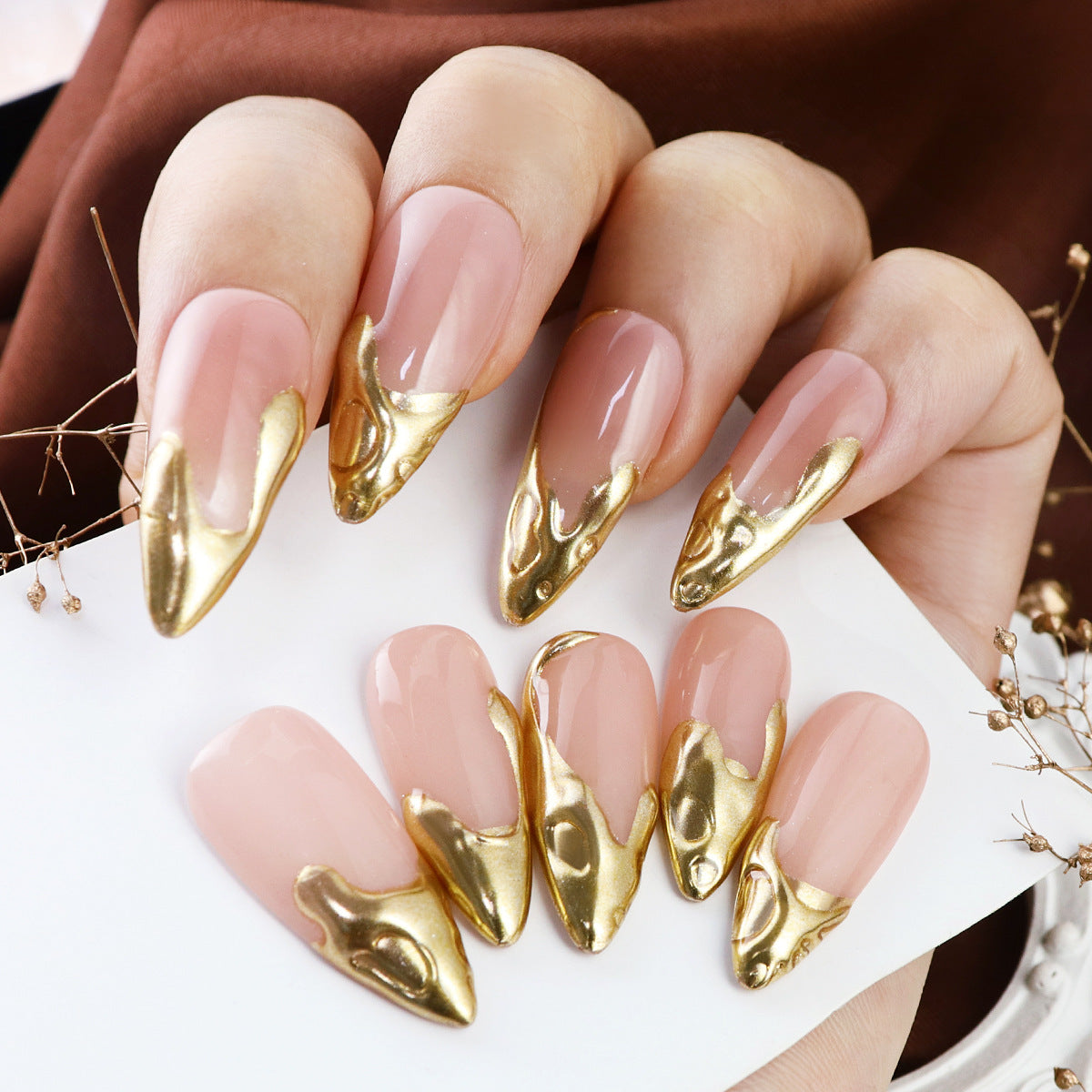 Liquid Metal Apricot Nail Stickers - Hand Painted Nail Art Decals for Ladies