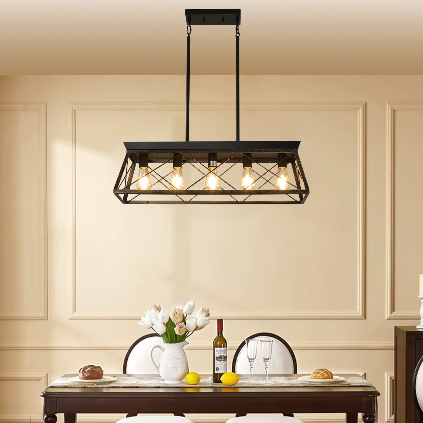 Black Gold Industrial Pendant Light Fixture 32in Modern Metal Cage Chandelier