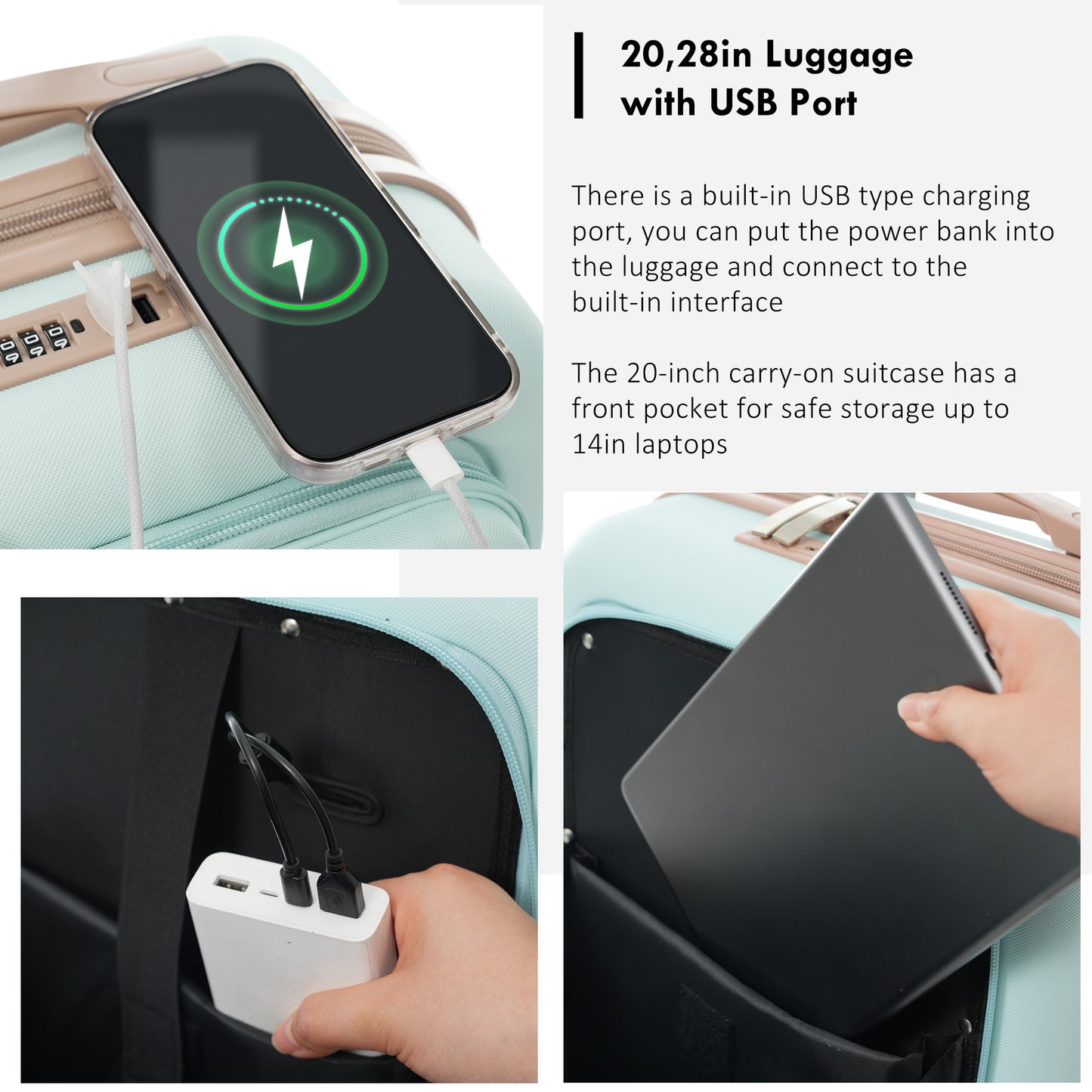 4-Piece Luggage Set with USB Charging Ports - Grey Green
