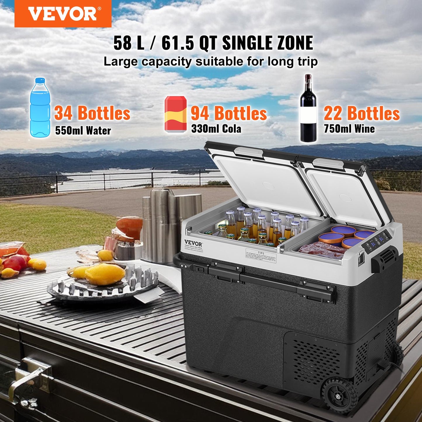Portable Car Refrigerator Freezer 58L Dual Zone Compressor Cooler - Black