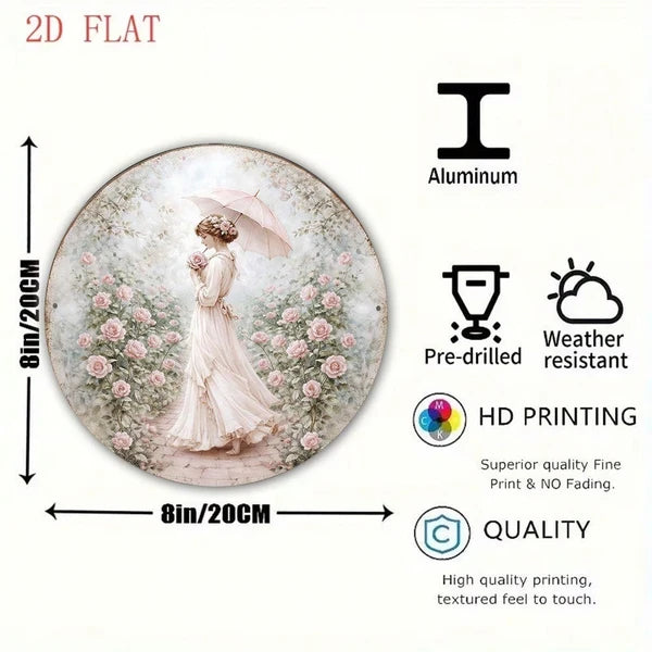 Victorian Lady & Roses Round Wall Plaque - Vintage Metal Sign