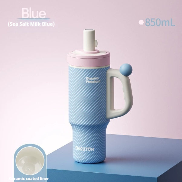 Large-Capacity Insulated Ceramic & Stainless Steel Travel Cup with Handle