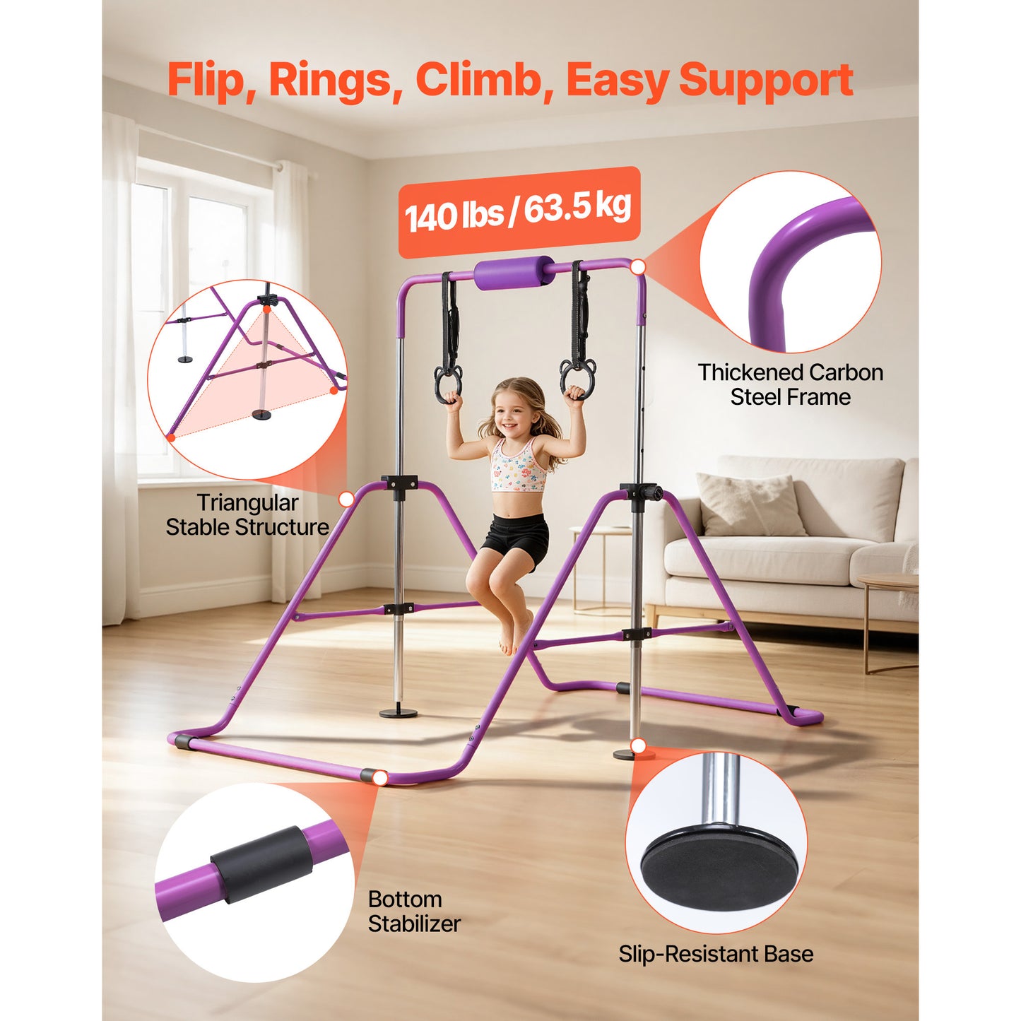 Kids Gymnastics Bars - Foldable Adjustable Horizontal Training Bar for Indoor & Outdoor Play