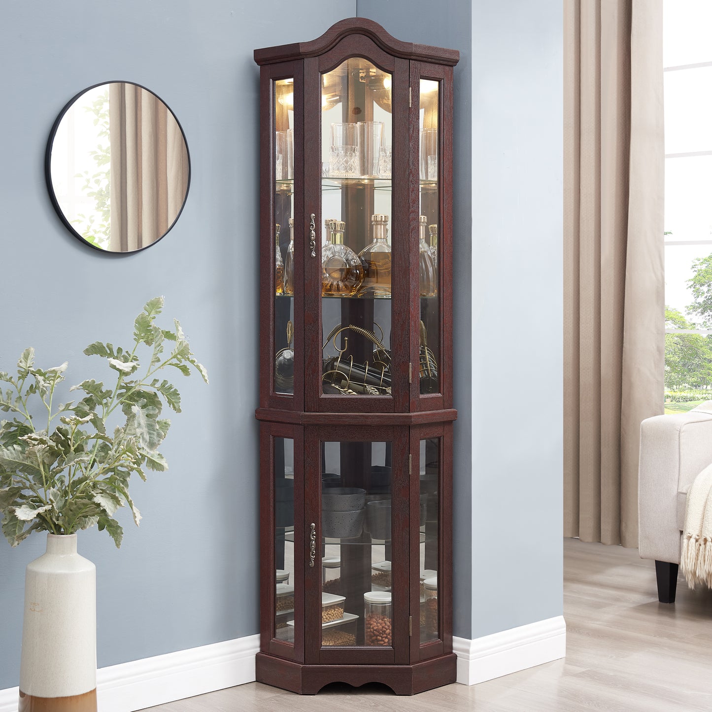 Lighted Corner Curio Cabinet With Tempered Glass Doors & Shelves -