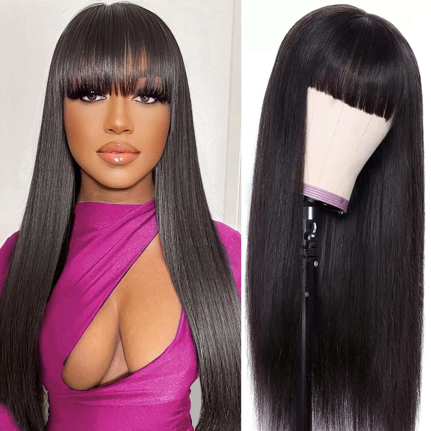 Straight Human Hair Wig with Bangs - 150% Density Natural Color