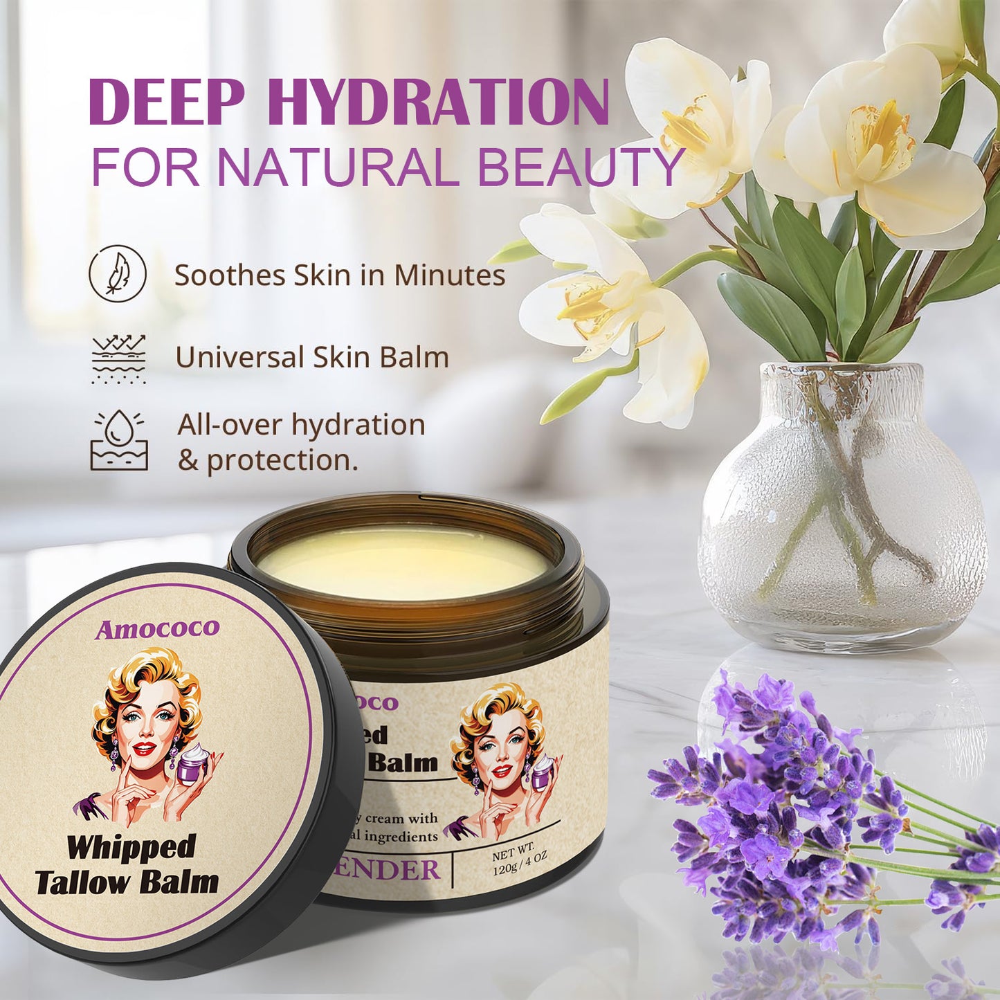Whipped Tallow Balm - Natural Lavender Moisturizer for Face & Body, 120g