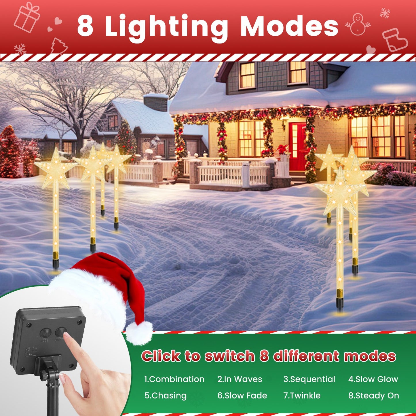 8-Pack Solar Christmas Star Pathway Lights - 64 LED, 8 Modes