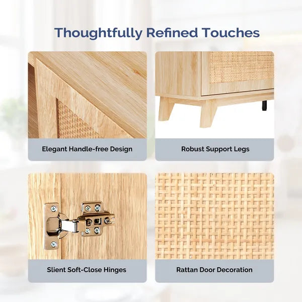 70-Inch Oak Finish Low-Profile Fireplace TV Stand with Rattan Doors