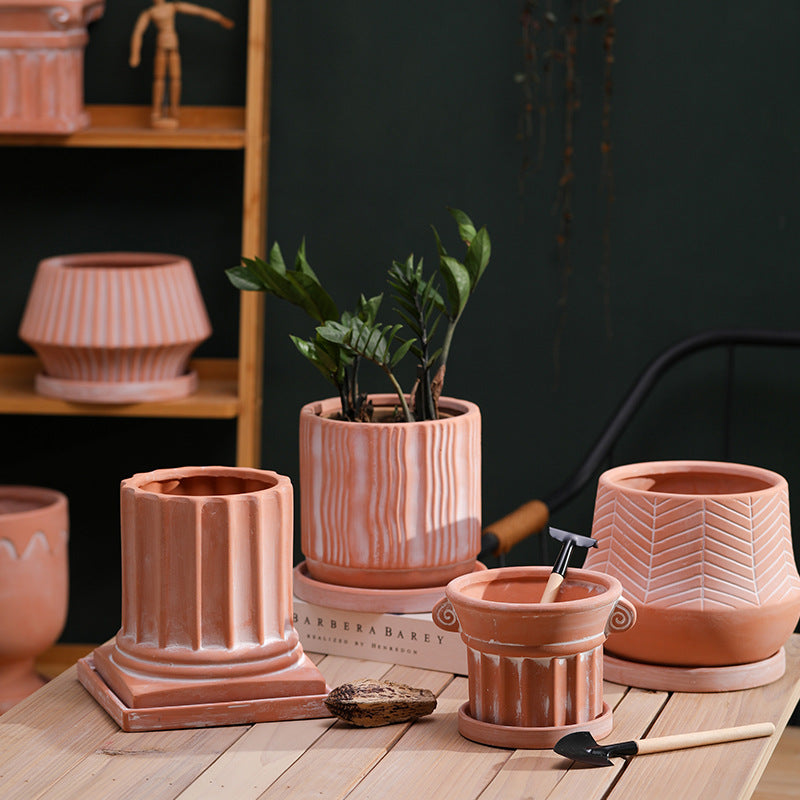 Breathable Red Pottery Flower Pot with Geometric Shape and Holes - Nordic Style