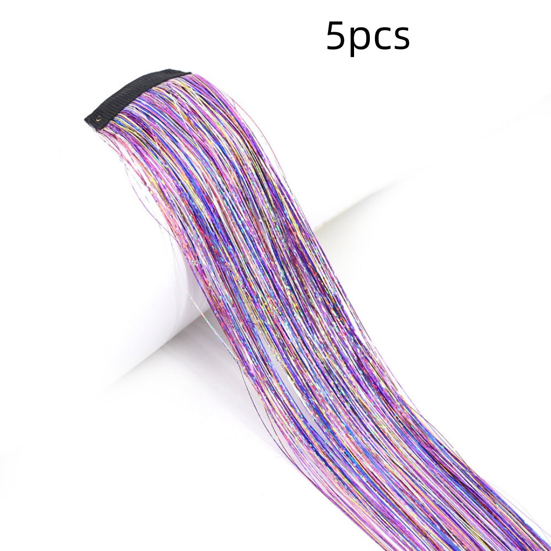 Clip-In Rainbow Hair Extensions - Long Synthetic Wig with Gold Thread