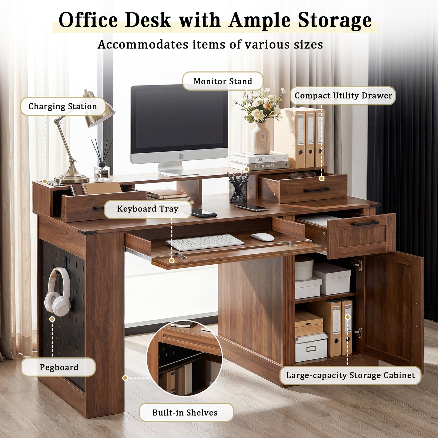55" Farmhouse Office Desk with Storage & Charging Station - Dark Walnut