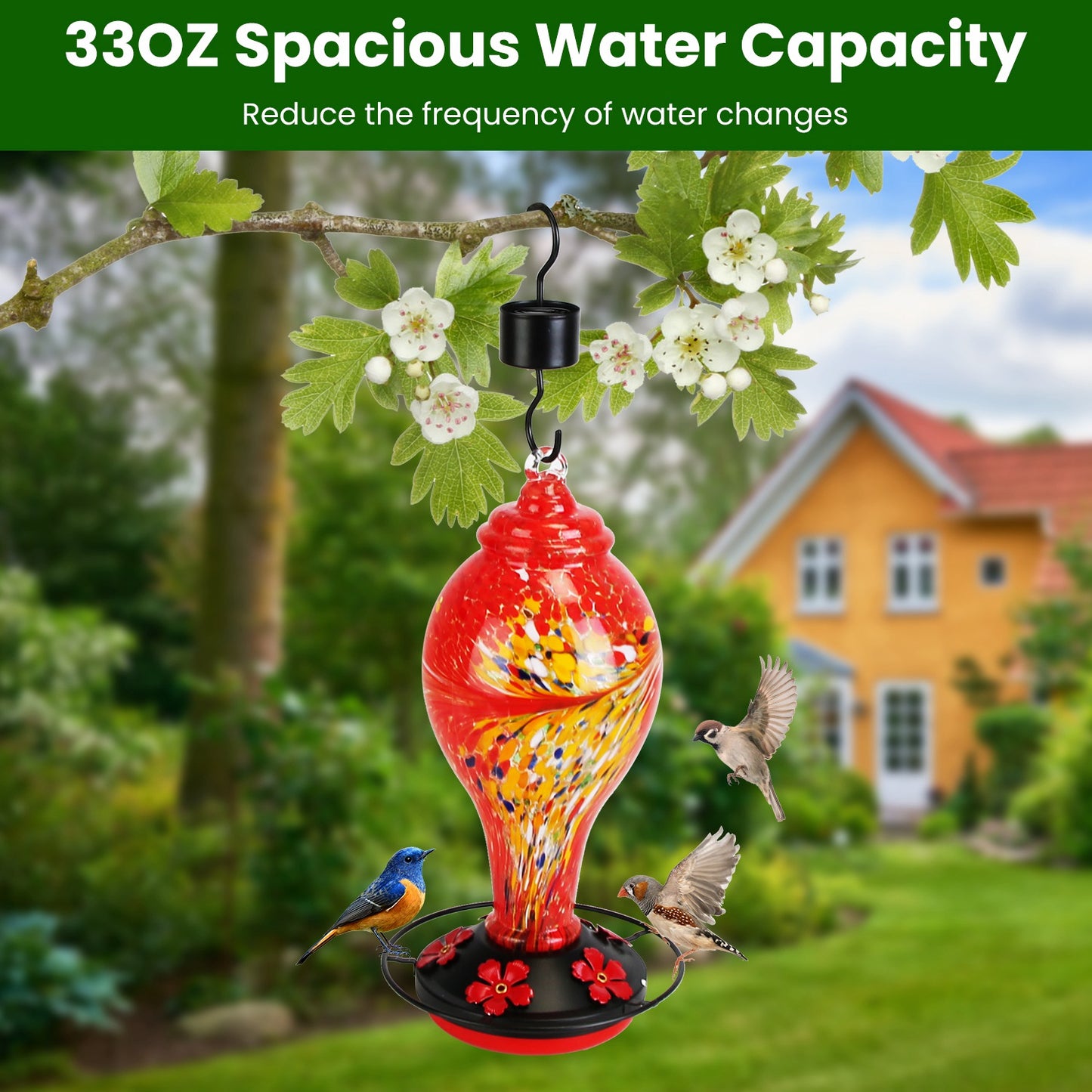 Glass Hummingbird Feeder 33OZ with 5 Flower Feeding Ports & Ant Moat - Garden Decor