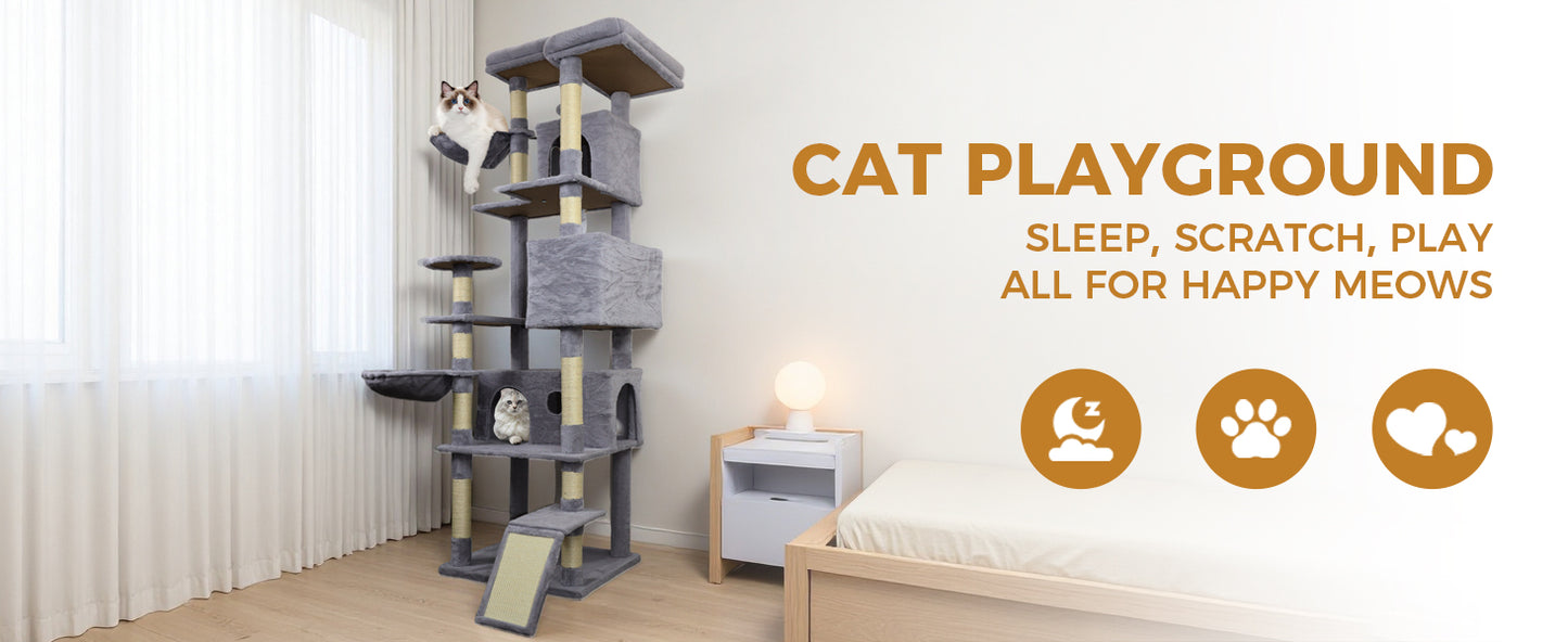 Large Dark Gray Cat Tree Tower with Multiple Condos, Scratching Posts and Perches