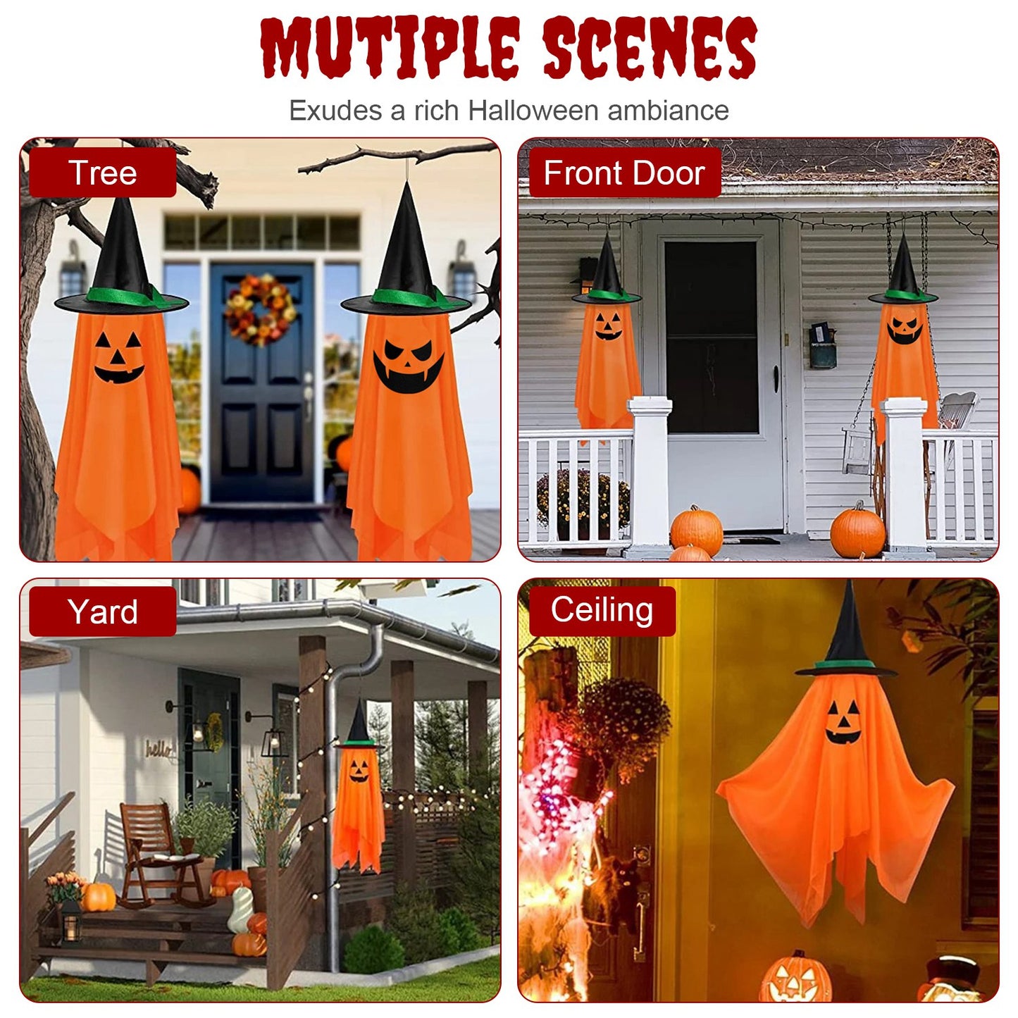 Hanging Ghost Decorations with Pumpkin Wizard Hats - 2Pcs