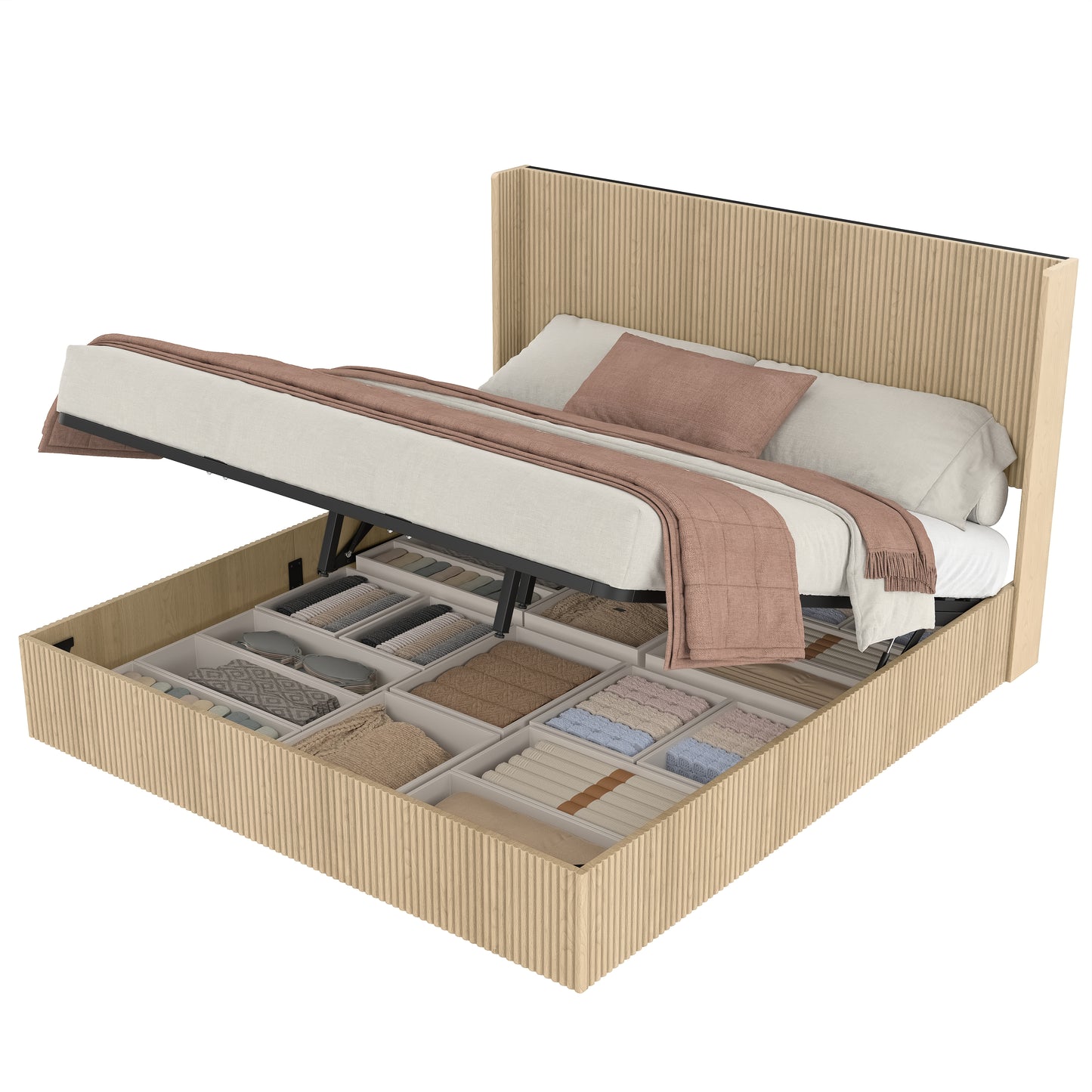 King Storage Bed Frame with Lifting Function - Oak Color