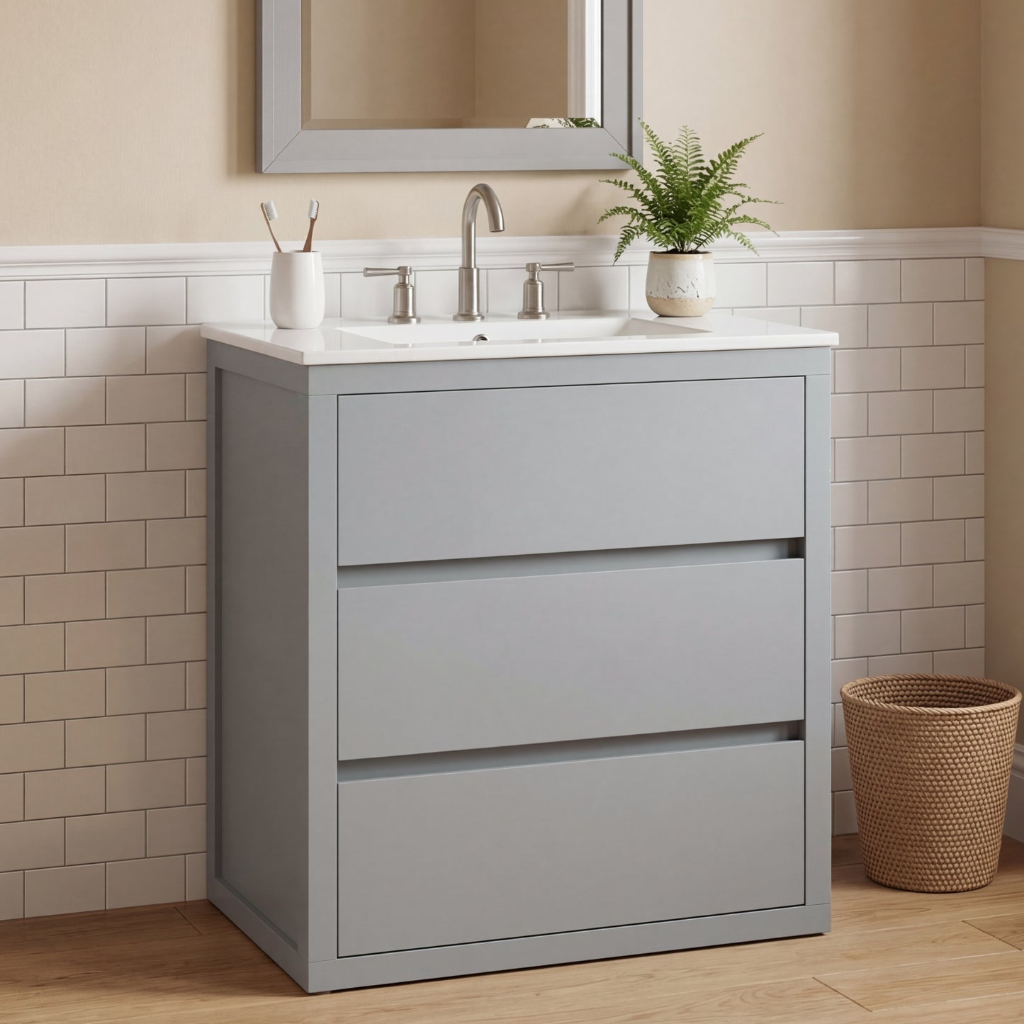 30" Gray Bathroom Vanity with Ceramic Sink & 2 Drawers