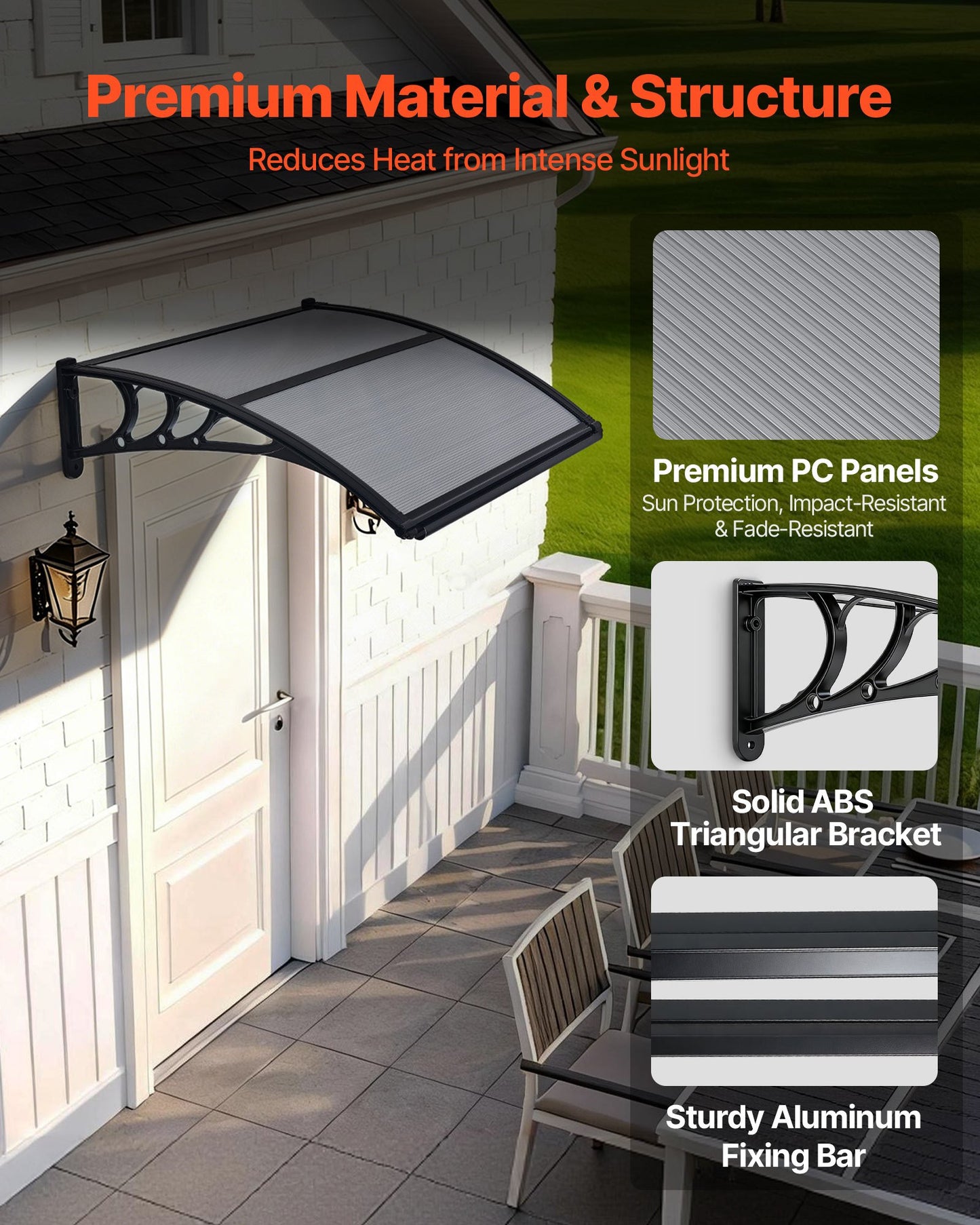 Outdoor Door Canopy Awnings 30x39 Inch Polycarbonate Protects Against Rain Sun Snow