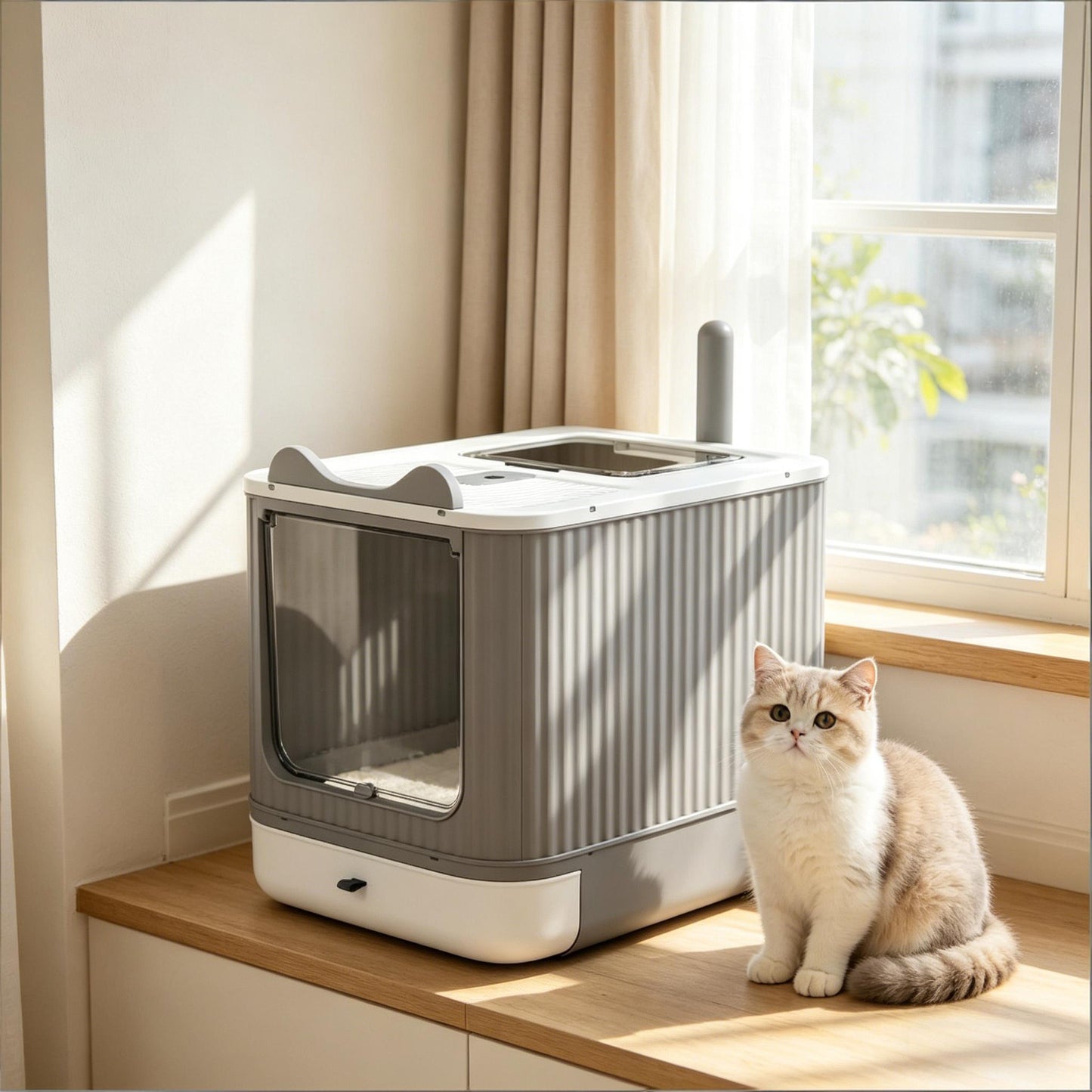 Enclosed Cat Litter Box with Slide-Out Tray - Black & Gray