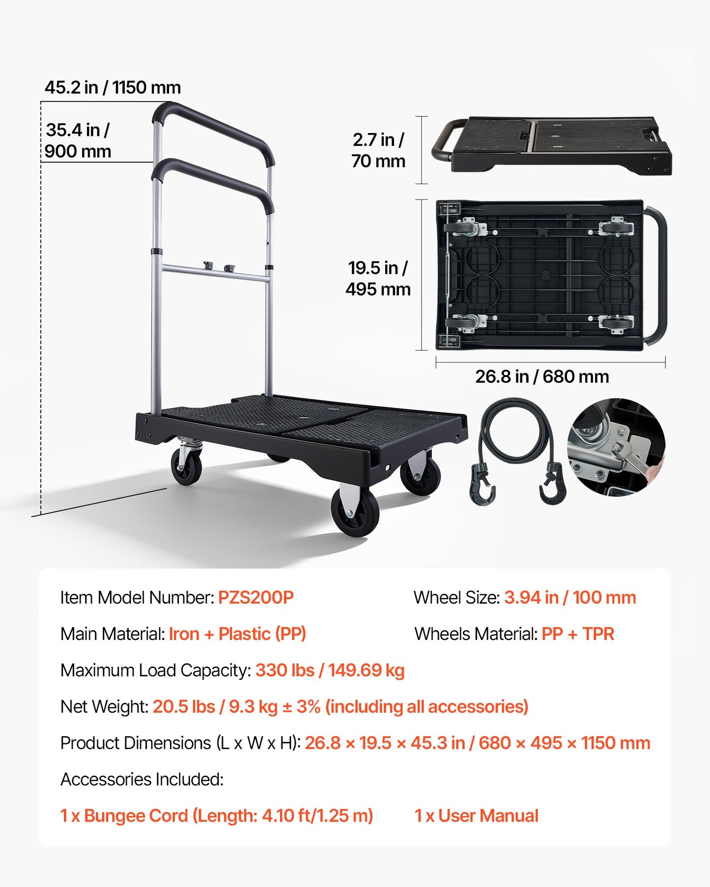 Foldable Moving Dolly Cart 330 Lb Capacity with Swivel Wheels & Adjustable Handle