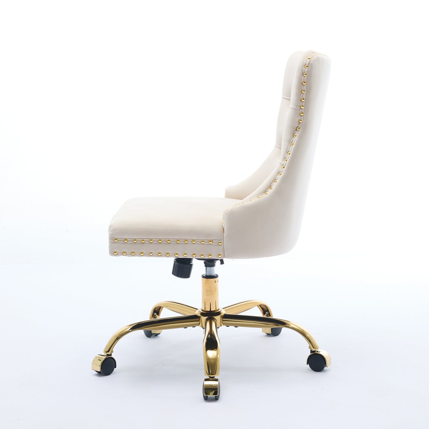 Beige Velvet Office Chair - Modern Tufted Design with Golden Base