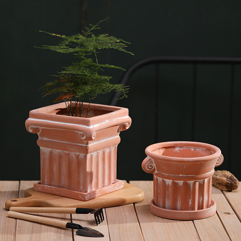 Breathable Red Pottery Flower Pot with Geometric Shape and Holes - Nordic Style
