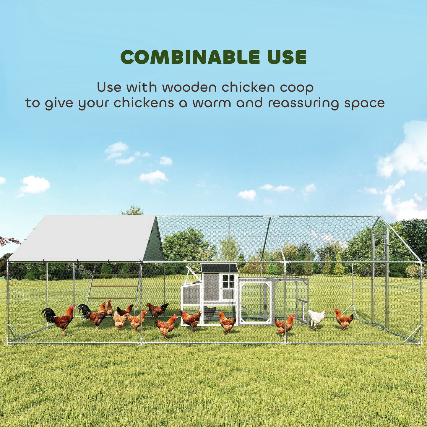 Metal Chicken Run with Waterproof Cover, Feeding Door & Hanging Feeder - Fits 18-24 Chickens, Silver 1980x380x180 mm