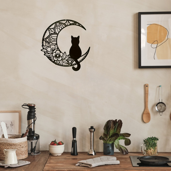 Crescent Cat Wall Decor - Bohemian Metal Art for Home