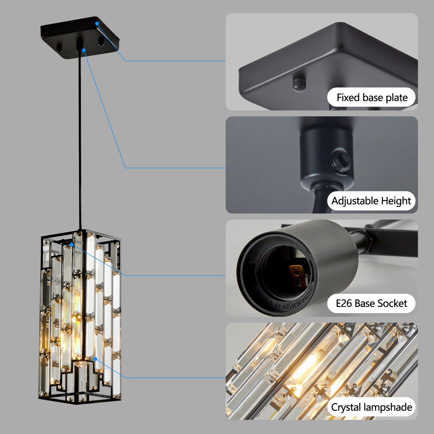 Modern Crystal Pendant Light - 3 Pack Adjustable Ceiling Lamp