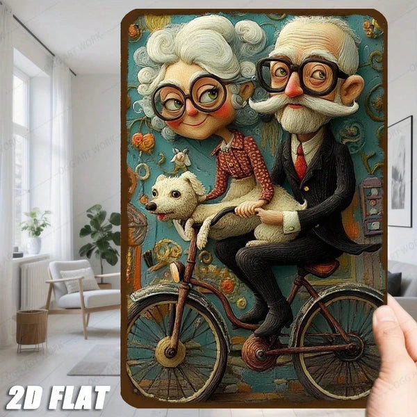 Vintage Metal Wall Art Sign - Retro Bike Couple with Dog