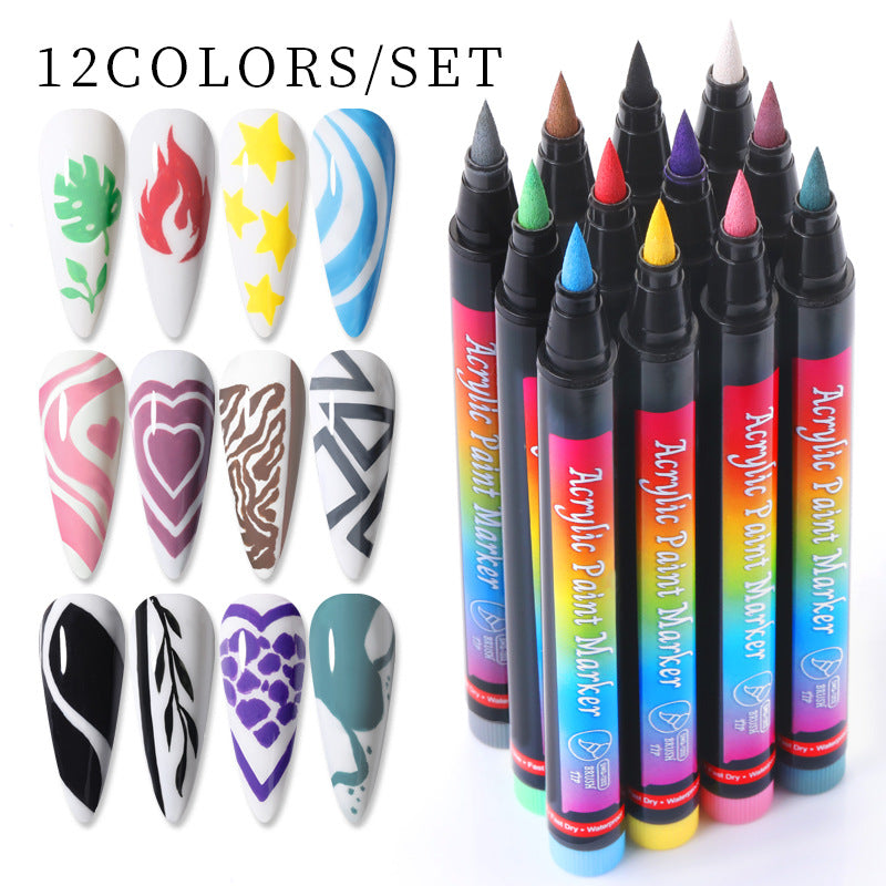 12-Color Nail Art Pen Set with Brush Tips